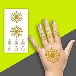 Modern Circle Flower in Golden Color Mehndi Design for Palm & Fingers, Simple Mehndi Sticker for Girls & Women-picture-17