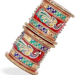 hins Plastic Regal Rajasthani Peacock Print Chuda: Ivory and Red Beauty with Kundan Handwork Multicolour Red Green-picture-21