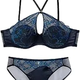 secret lives Blue Black Criss Cross Bra Panty Lingerie Set for Women-picture-44