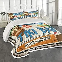 Ambesonne Tiki Bar Coverlet, Rusty Vintage Sign Aloha Exotic Cocktails and Coconut Drink Antique Nostalgic, 3 Piece Decorative Quilted Bedspread Set with 2 Pillow Shams, Queen Size, Brown Blue-picture-32