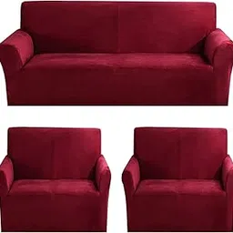 Gifts Island® Premium Velvet Sofa Cover 3 Seater and 2 Seater Fully Covered Universal 5 Seater Sofa Cover Non-Slip Sticky Elastic Stretchable Sofa Set Slipcover Protector for (3+1+1 Seater), Maroon-picture-11