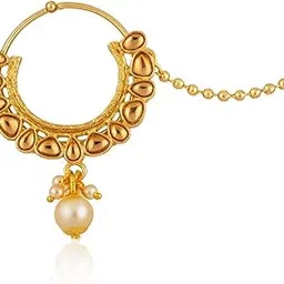 cz stone Beautiful Gold Plated Nose Ring with Kundan and Pearl Detailing image 1