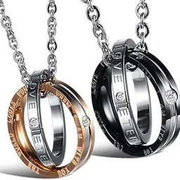 peora His Her Titanium Steel Love Engraved Rings Couple Pendant Necklace Matching Set for Unisex Adult-picture-22