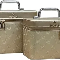 Adson Professional Beauty Make Up Cosmetic Vanity Case | Cosmetic Storage Boxes | Jewellery Organizer |Travel Toiletry Bag with Compact Magnifying Mirror for Travel (Set of 2 Pcs) (Gold)-picture-57