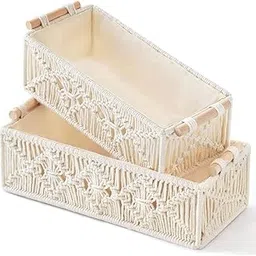 MODERN HOMES (Set of 2) Macrame Storage Basket with Wooden Handles | Boho Home Decor Storage Baskets Tray Cotton Lined Organizer | Hamper Basket for Gifting (Natural Tone) image 1