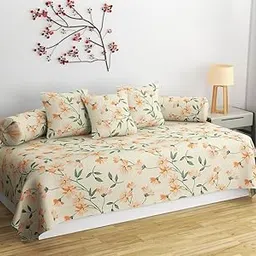 Decozom Stylish Threads Heavy Cotton 8 Pieces Diwan Set ||1 Single Bedsheet, 2 Bolster Covers, 5 Cushion Covers || :- Cream Flower-picture-27