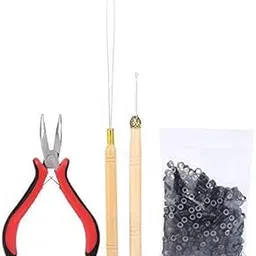 AHS Hair Extension Kit with Pliers Pulling Hook Bead Tool & 500pcs | Black Silicone Lined Micro Rings, Hair Extensions Tools Set for Salon-image-1