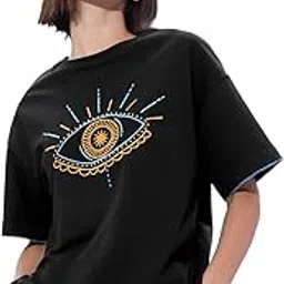 the souled store Evil Eye Women and Girls Short Sleeves Round Neck Black Embroidered Cotton Oversized T-Shirts-picture-51
