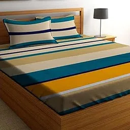PATWAHOUSE Premium Cotton Feel Polycotton Elastic Fitted King Size Double Bedsheets with 2 Pillow Covers | All Around Elastic 210 TC Super Soft | Size - 72 King Size x 78+10 inches | Yellow-Stripe-image-81