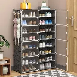 PESOMA DIY Portable Shoe Rack Organizer/Multi-Purpose Shelf Storage Shoe Cabinet Stand Expandable for Heels, Boots, Slippers Plastic Portable and Folding Shoe Rack (Black, 8-Door 16-Shelf)-picture-60