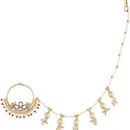 18k Gold Plated Traditional Ethnic Bridal Nose Ring/Nath without piercing with Pearl Chain Encased with Pearl Stone for Women/Girls (NL40)-image-85