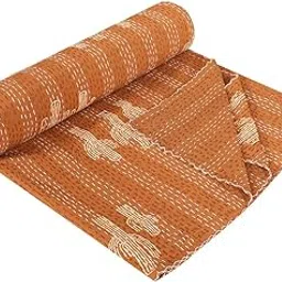 WELLNOW Handicraft Cotton Kantha Quilt, Hand Embroidered Traditional Grey and White Pattern, Double Size 220x230 cm, All Season Bedspread (Orange)-picture-19