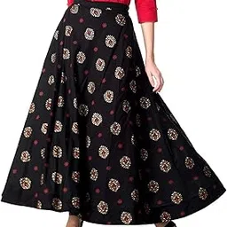 Women's Floral Print Maxi Skirt, Black with Red and Gold Pattern, Ankle Length-picture-50