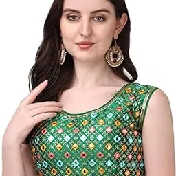 pujia mills Women's Silk Embroidery Foil Work Sleeveless Readymade Saree Blouse-picture-14