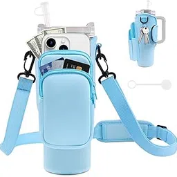 JEBEALUO Water Bottle Carrier Bag with Phone Pocket for Stanley Cup 40/30 oz, Water Bottle Holder with Adjustable Strap& Straw Cover, Stanley Cup Accessories (Blue)-image-13
