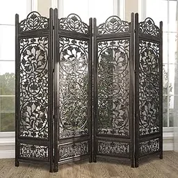 COZYDOR Premium Wooden Room Divider | 4-Panel Handcrafted Partition Screen with Intricate Floral Carving | Folding Privacy for Living Room, Bedroom & Home Décor & Pooja Room Office ((Brown))-picture-15