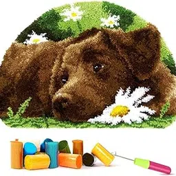 Emistem DIY Latch Hook Rug Kits, Crochet Yarn Kits, Pre-Printed Canvas, Needlework Unfinished Crocheting Rug Yarn Embroidery Carpet Set, (Dog in Flowers,15x21")-picture-34