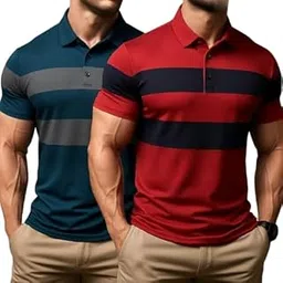 Men’s Striped Polo T-Shirt Pack of 2 | Regular Fit Cotton Blend Half Sleeve Collar T-Shirts | Comfortable & Breathable Fabric | Casual, Polo for Men-image-69