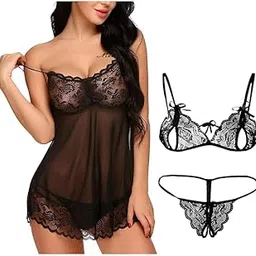Women Net Short Babydoll Lingerie Set with Bra and Panty, Honeymoon Combo Free Size-picture-36