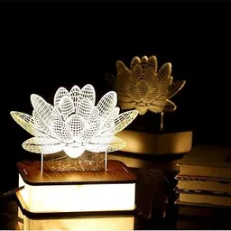 Somil 3D Led Illusion Lotus Night Light & Table Lamp with White and Yellow Design, Featuring Elegant Wood Fitting. Material: Wood & Acrylic, Dimensions: 13 X 10 X 13 CM-picture-10
