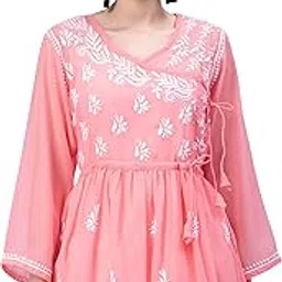 seva chikan Hand Embroidered Lucknowi Chikankari Light Blue Angarkha Georgette Women Short Top & Tunic with Slip SCL9064-picture-28