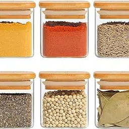 Jinelza Airtight clear glass storage canister with wood lid food storage container jar with sealing bamboo lid for kitchen storage and multipurpose use (220ML SQUARE JAR, 6 PCS)-image-7