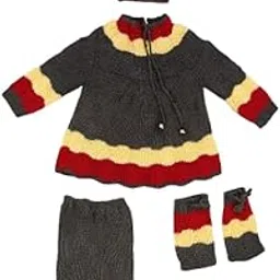Baby Girl Woolen Frock Style Sweater Dress Set | High Neck Tie-Up Winter Outfit with Pyjami, Cap & Booties | Warm 4-Piece Clothing Set for 6-12 Months-picture-24