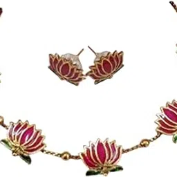 Pink Lotus Flower Necklace and Earring Set, Gold-Plated Fashion Jewellery, Enamel Design-picture-42