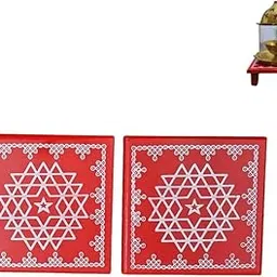 Handicrafts 4 inch Wooden Sri Chakra Pooja Stand Peeta Palagai Chowki Stool | Small Diya Base | Puja & Home Decor (Red)-image-0