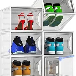 X-Large Stackable Shoe Boxes - Clear Plastic Shoe Storage Boxes with Magnetic Door, Thicken Shoe Organizer for Closet, Space Saving Foldable Shoe Containers Bins for Sneaker Boot - 6 Pack(White)-image-28