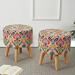 RIANCE CREATIONS Ottoman Pouffes Combo Handcrafted Seating Stool for Living Room| Foot Rest Stool with Cushion for Bed Room Puffy Furnitures for Home(Pack of 2,Leaf Printed Stool)-picture-27