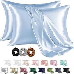 Craftelio® 2 Pcs Satin Pillow Covers for Hair & Skin with 3 Free Scrunchies – Soft, Cooling, Silk-Like Pillowcases Standard Size for Women & Men, Anti-Frizz, Breathable & Gift-Ready (Light Blue) image 1