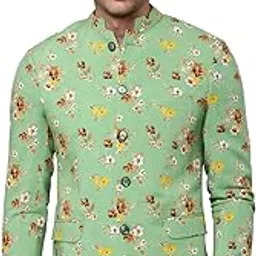 SHOWOFF Men's Mandarin Collar Printed Green Open Front Blazer-SOBLZ-302_Green-image-98