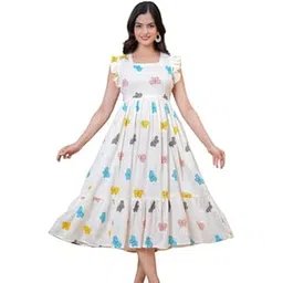 milastru Lycra Butterfly Printed Fit & Flare, Sleeveless, Square Neck, White Dress for Women-picture-40