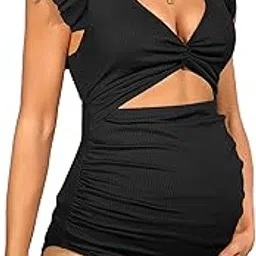 charmo Ruffle Ribbed Maternity Swimsuit One Piece High Waisted Pregnancy Bathing Suits Push Up Swimwear, #1a Black, S-picture-14