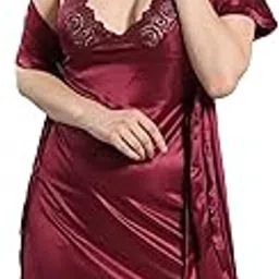 romaisa Women's Satin Solid Above Knee Length Nighty with Robe (Size-Free Size) (Nightwear Set Pack of 2)-picture-12