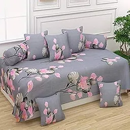 BREVARD 160 TC Glace Cotton 8 Pieces Diwan Set Including 1 Bedsheet, 5 Cushion Covers & 2 Bolster Covers, Grey Pink Flower-picture-27