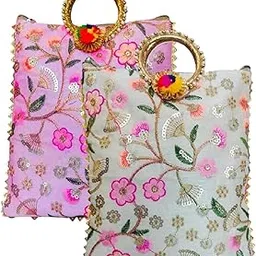 Tanmish World Potli | Silk Wedding bag| Christmas Return Gift | Traditional Embroidered Potli Handbag with Golden Handle – Ethnic Clutch Bag for Women & Girls – Bridal, Wedding (PINK & WHITE)-picture-44