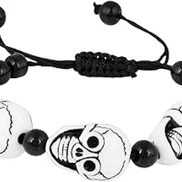 zumrut � Handcrafted Biker Vintage White Skull Skeleton Shaped Multi Charm Black Red Beads Knot Stretch/Elastic Adjustable Free Size Wristband Band Bracelet for Men/Women-picture-19