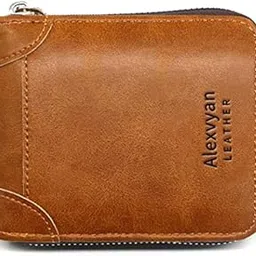 alexvyan Zipper Men Bifold Leather Purse Wallet Organizer Pocket Wallet Credit Card Holder 2 Pocket 5 Card Slot for Boys Gents Male Men (Tan-Khaki)-picture-36