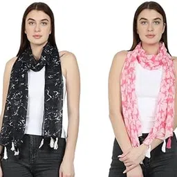 stolevilla ™ Women's Printed Poly Cotton Multicolored Scarf and Stoles with Tassels Set Of 2 (STMODEL_002)-picture-54
