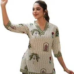 Womens Cream Cotton Kurti Top with Green and Red Ethnic Print - Stylish V-Neck Tunic for Party and Casual Wear-image-52