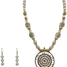 Traditional Pearl Necklace Set with Gold-Plated Mandala Pendant, White and Gold, Crystal Rhinestone Embellished, Matching Drop Earrings-image-43