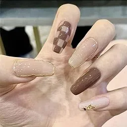 VIKSON INTERNATIONAL 24 Pcs press on Brown golden || UV Treated gel glossy Finish long || press on fake Artificial Nails extension set || With nail glue sticker sheet & nails apply kit for girls women. (Coffee Brown)-image-34
