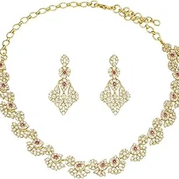 Gold Plated American Diamond Necklace for Women | Ruby Red Stone Floral Design Jewellery for Wedding, Party.-image-15