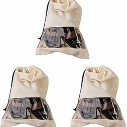 fab ellite Cotton Shoe Travel Organizer Shoes Cover Bag String Bag Travel Shoe Pouch Sandals Storage Bags Footwear Cover for Shoes with Drawstring (Cotton White) image 1