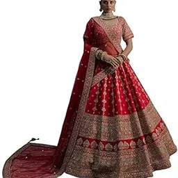 Women's Bright Red Sequins Embroidered Silk Bridal Lehenga-picture-50