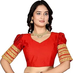 AARZOO Couture Designer Red Saree Blouse with Gold Border, V-Neck, Puff Sleeves, Traditional-picture-33