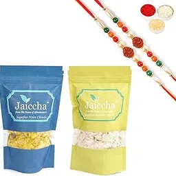Jaiccha Ghasitaram Rakhi Gifts for Brothers - Best of 2 Sugarfree Basmati and Nylon Chiwda with 2 Rudraksh Rakhis-image-7