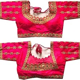 pujia mills Women's Multicolor phanotm Silk Embroidery Heavy Thread Sequence and zari Work Readymade Saree Blouse-picture-21
